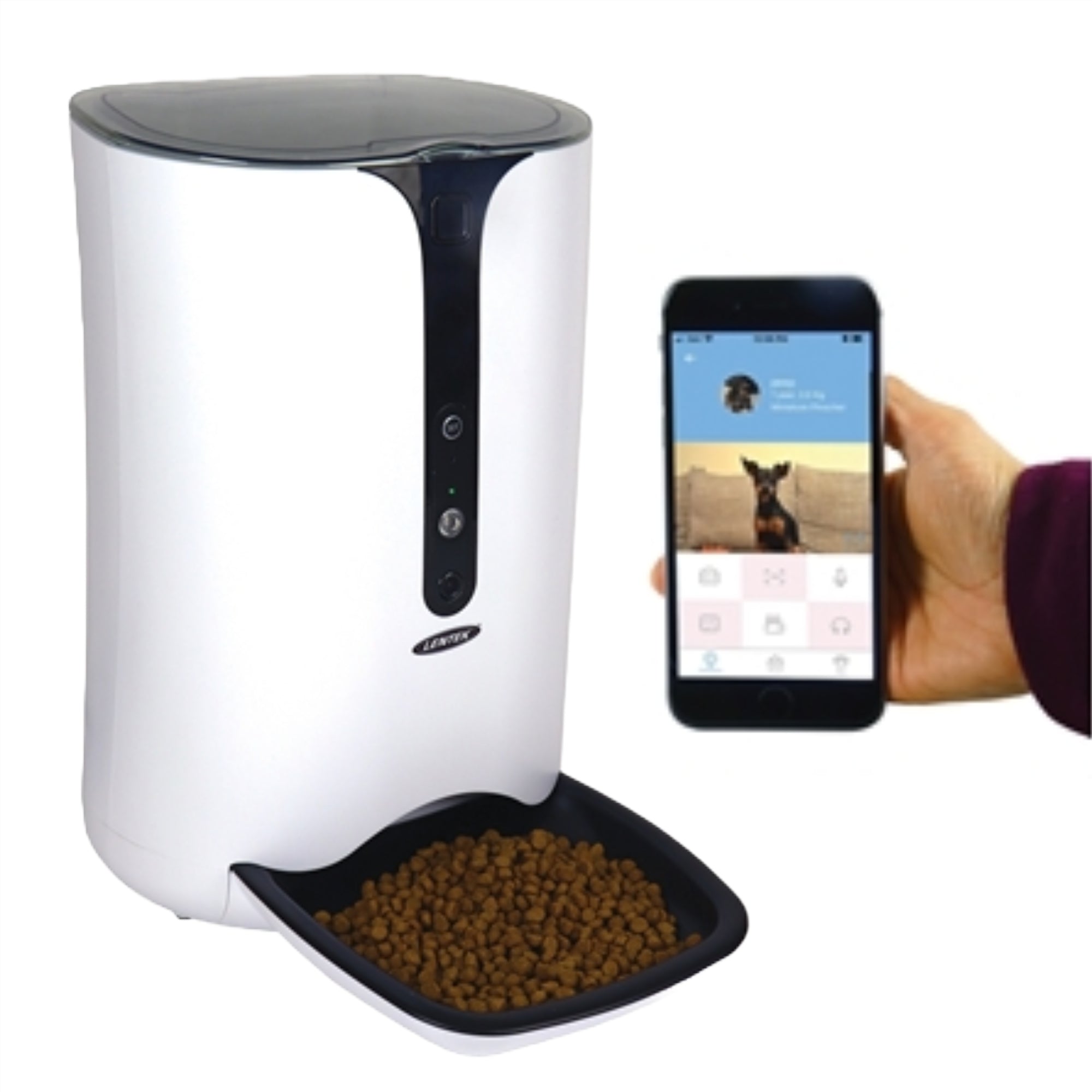 Product shot of the Lentek pet feeder on a white background with a hand holding a smartphone with the PetU app on the screen
