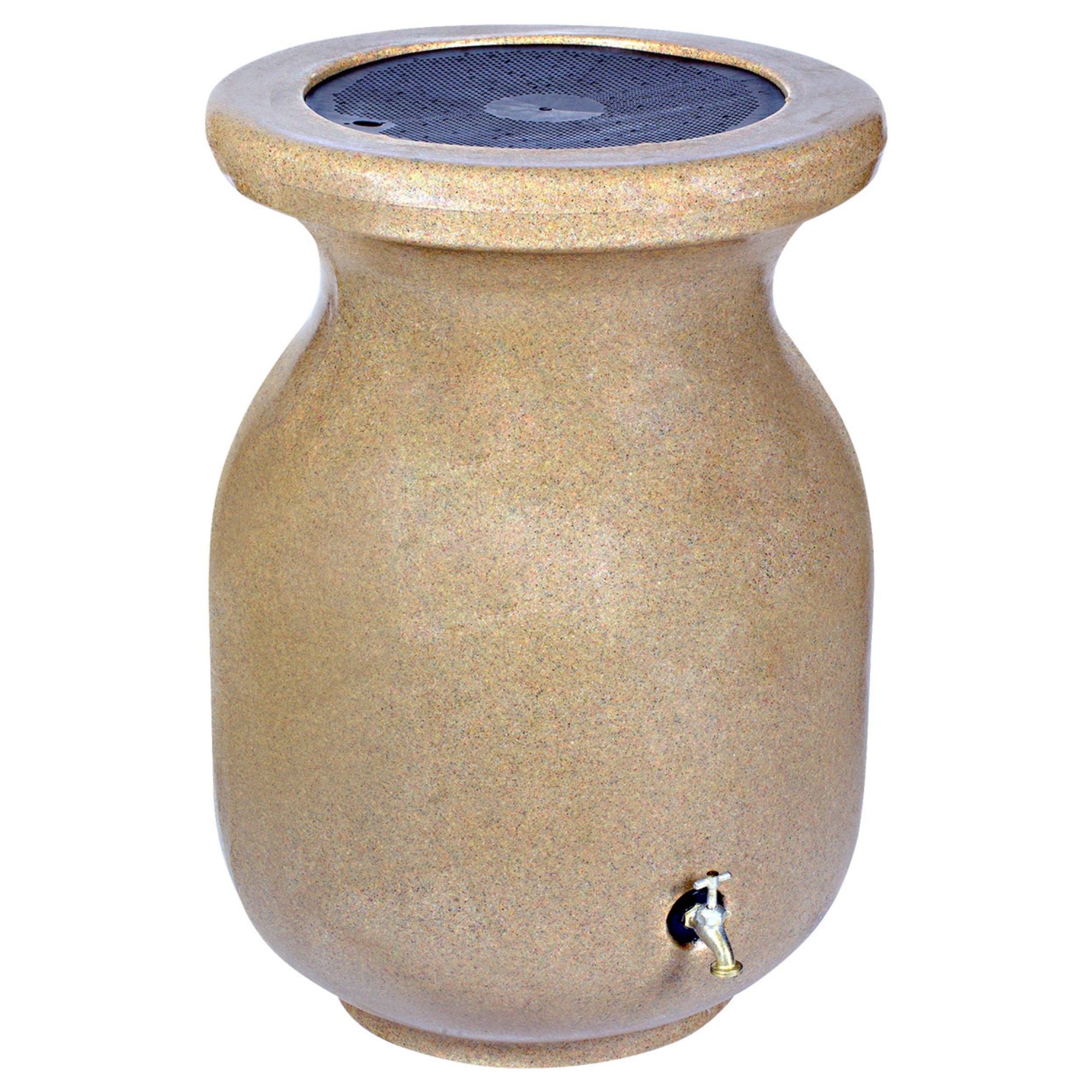 Product shot of stone-look beige rain barrel on a white background