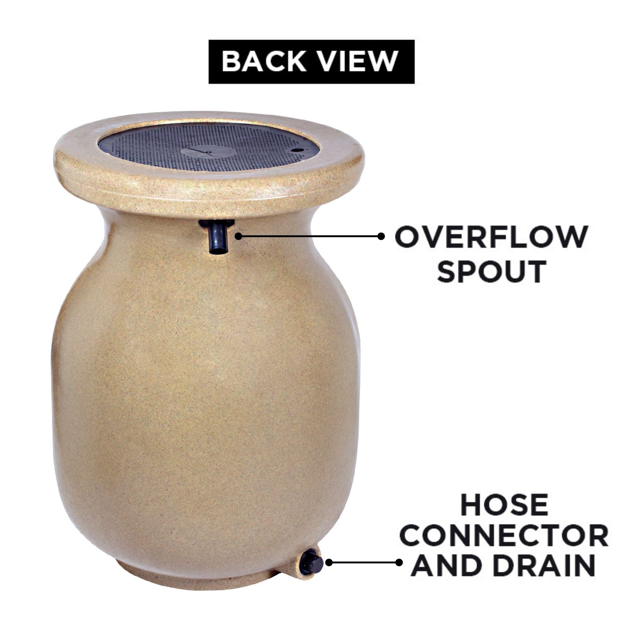 Back view product shot of stone-look beige rain barrel on a white background with parts labeled: Overflow spout; hose connector and drain
