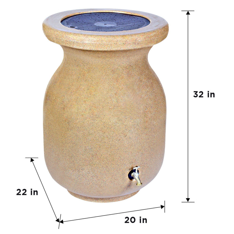 Product shot of stone-look beige rain barrel on a white background with dimensions labeled