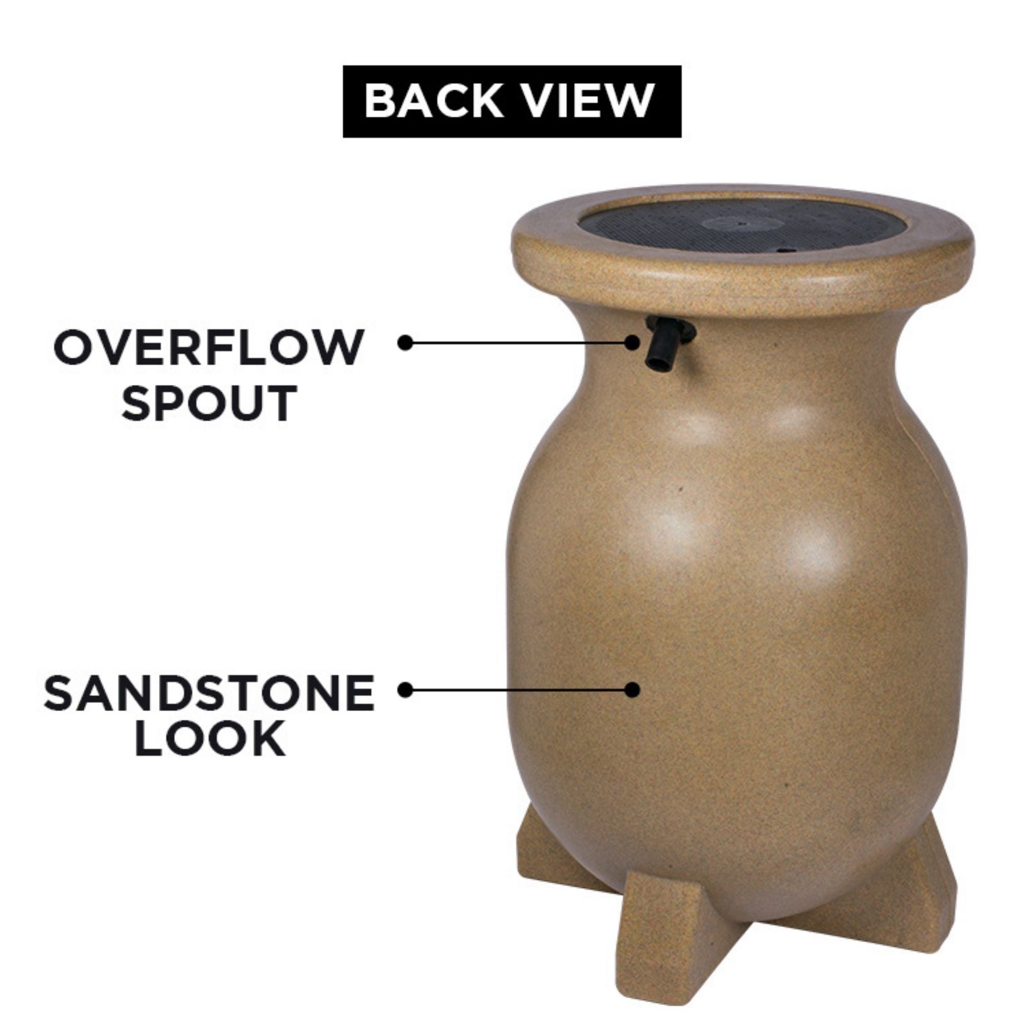 Back view product shot of stone-look beige rain barrel on a white background with parts labeled: Overflow spout; sandstone look