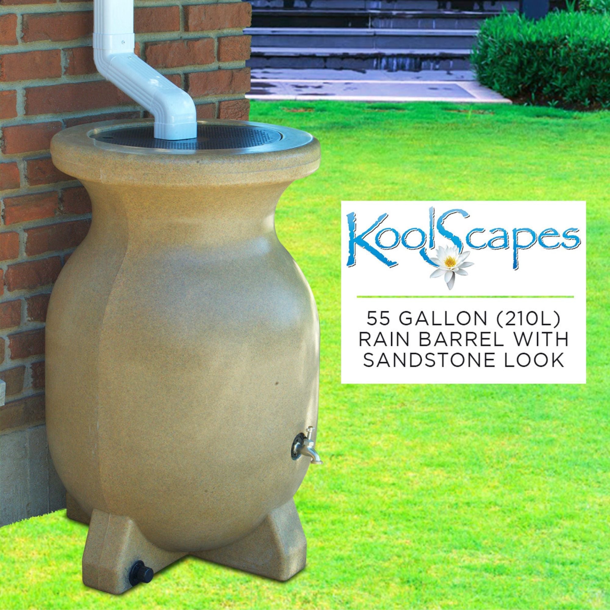 Lifestyle image of rain barrel set up on grass under a white downspout with a red brick wall in the background. Overlay to the right contains the Koolscapes logo and text reading, "55 gallon (210L) rain barrel with sandstone look"