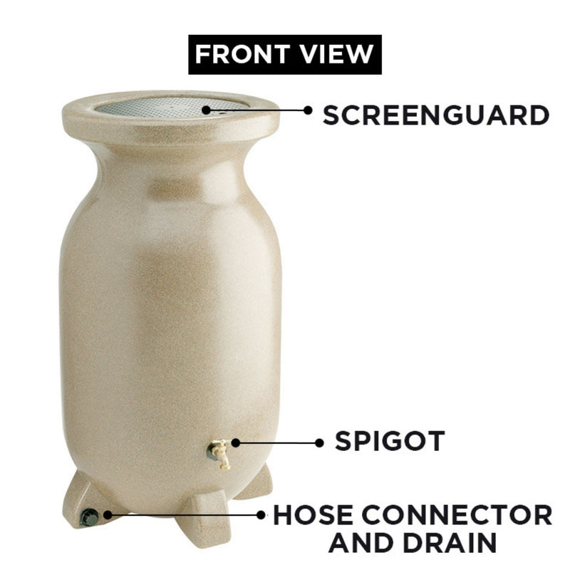 Front view product shot of stone-look beige rain barrel on a white background with parts labeled: Screen guard; spigot; hose connector and drain