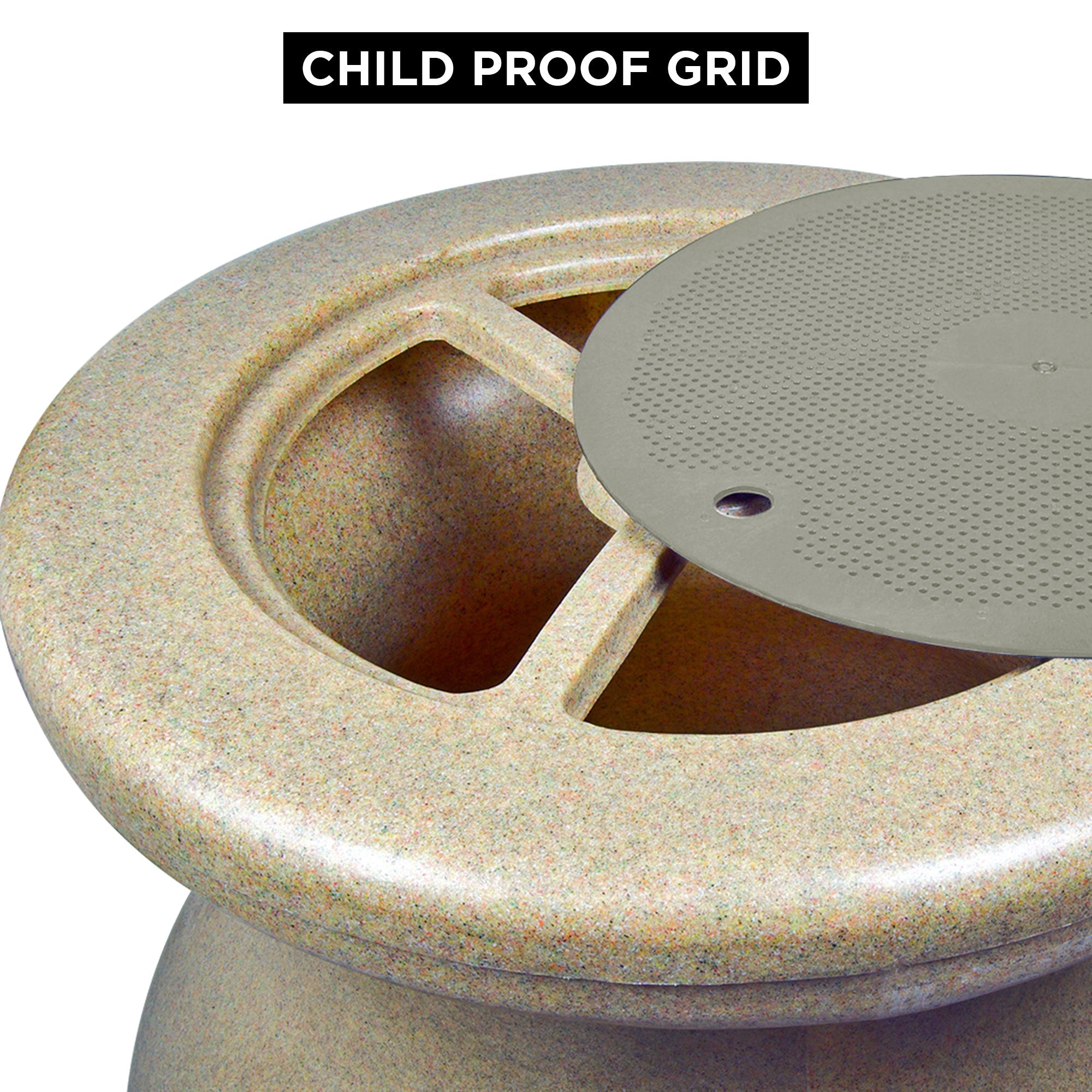Closeup image of top of rain barrel with screen guard partly removed showing molded safety bars below. Text above reads, "Child proof grid"