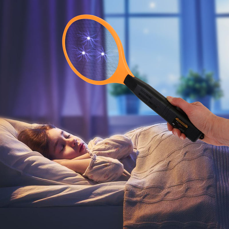Lifestyle image of a hand waving Bite Shield racket zapper electronic insect killer over a child asleep in a bed at night