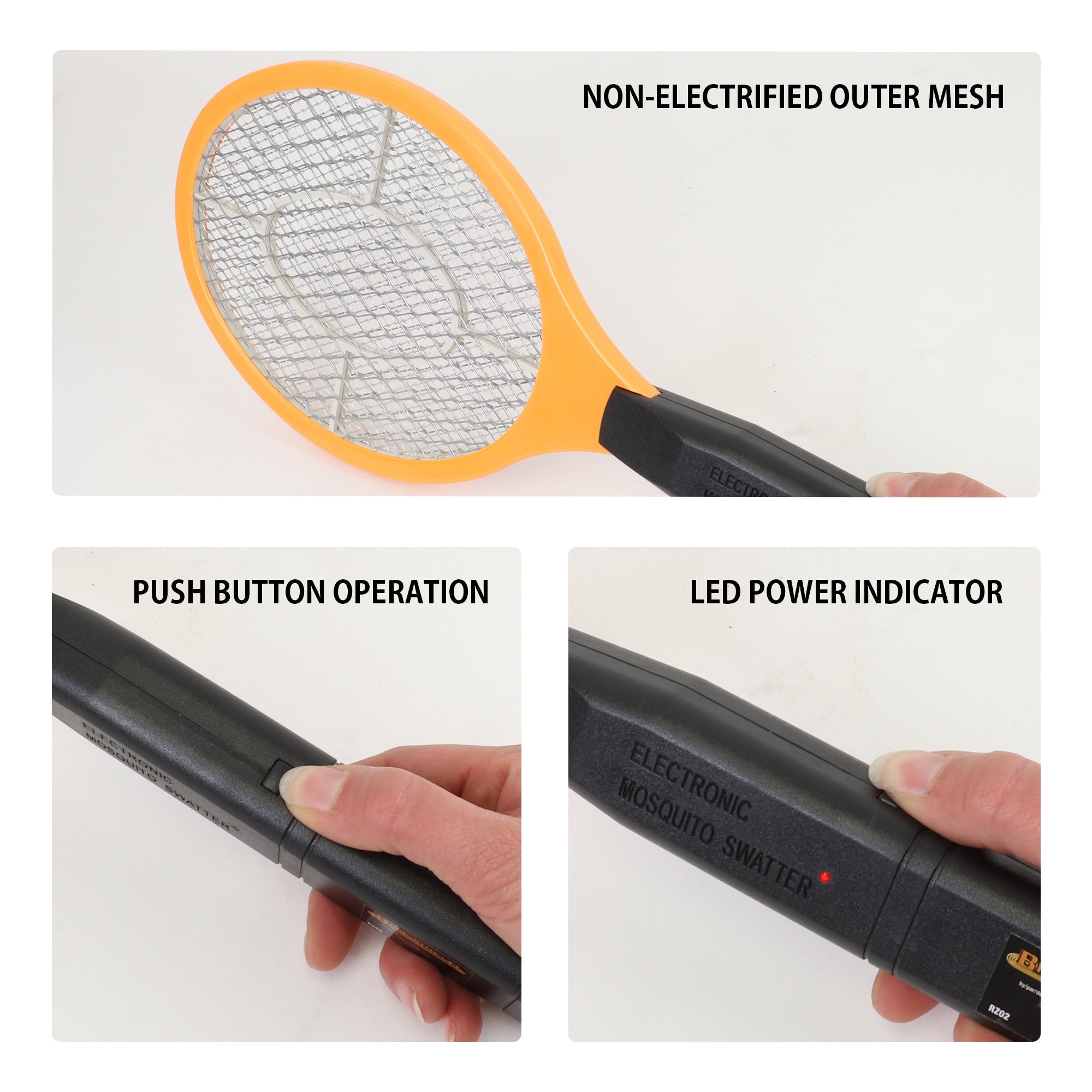 Three closeup images show parts of the Bite Shield racket zapper electronic insect killer, labeled: Non-electrified outer mesh; Push button operation; LED power indicator