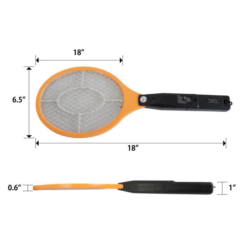 Product shot of Bite Shield racket zapper electronic insect killer on a white background with dimensions labeled