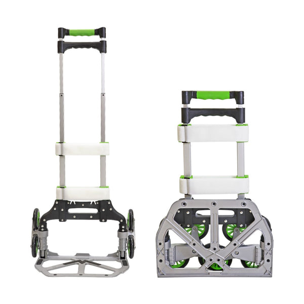 Two side by side product shots of the stair climbing hand cart show the cart open with the handle fully extended and the cart folded up with the handle fully retracted