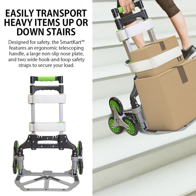 On the left is a product shot of the hand truck on a white background with text above reading, "Easily transport heavy items up or down stairs: Designed for safety, the SmartKart features an ergonomic telescoping handle, a large non-slip nose plate, and two wide hook-and-loop safety straps to secure your load." On the right is a lifestyle image of a person pulling the cart, loaded with two cardboard boxes, up a flight of stairs