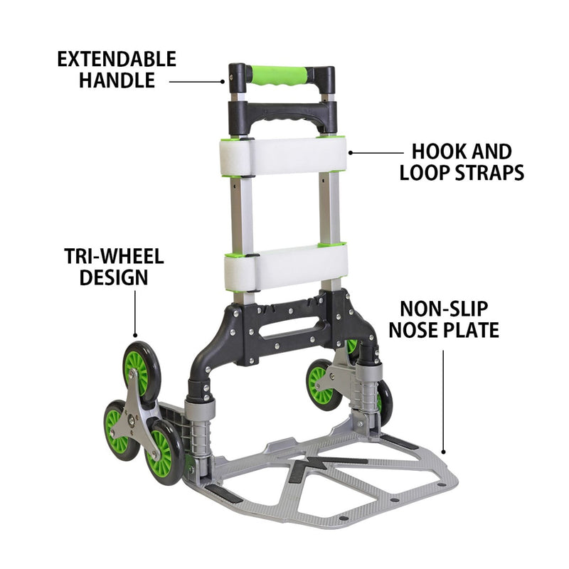 Product shot of the stair-climbing hand truck on a white background with parts labeled: Extendable handle; hook and loop straps; non-slip nose plate; tri-wheel design