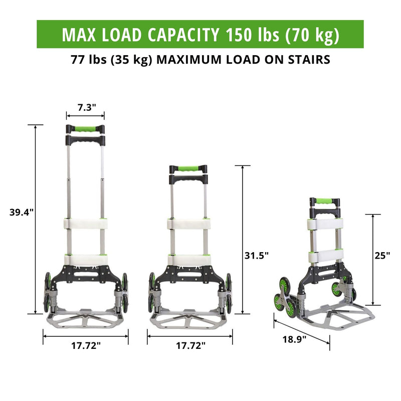 Three product shots show the foldable dolly with the handle extended to three different positions with dimensions labeled. Text above reads, "Max load capacity 150 lbs (70 kg); 77 lbs (35 kg) maximum load on stairs"
