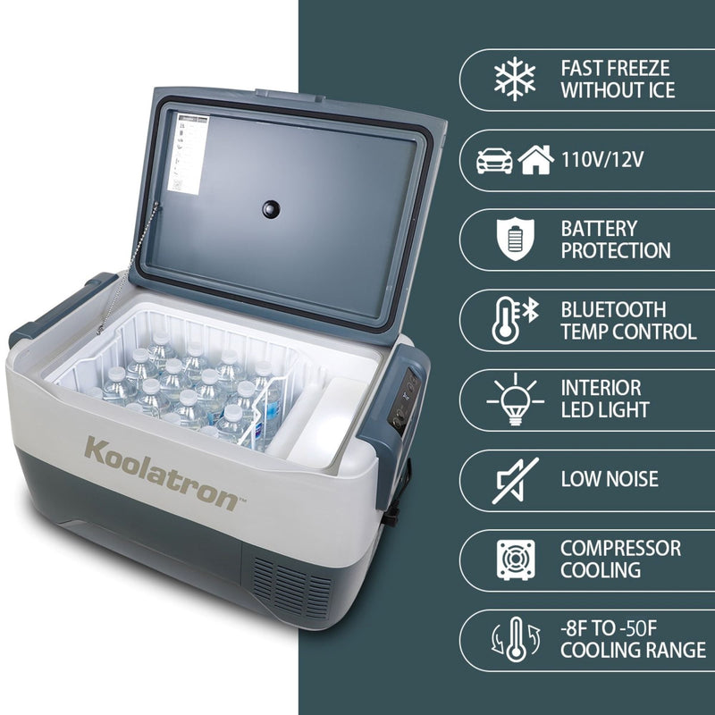 Product shot of 12V portable fridge, open and filled with water bottles, on a white background with features listed to the right: Fast freeze without ice; 110V/12V; battery protection; Bluetooth temp control; interior LED light; low noise; compressor cooling; -8F to -50F cooling range