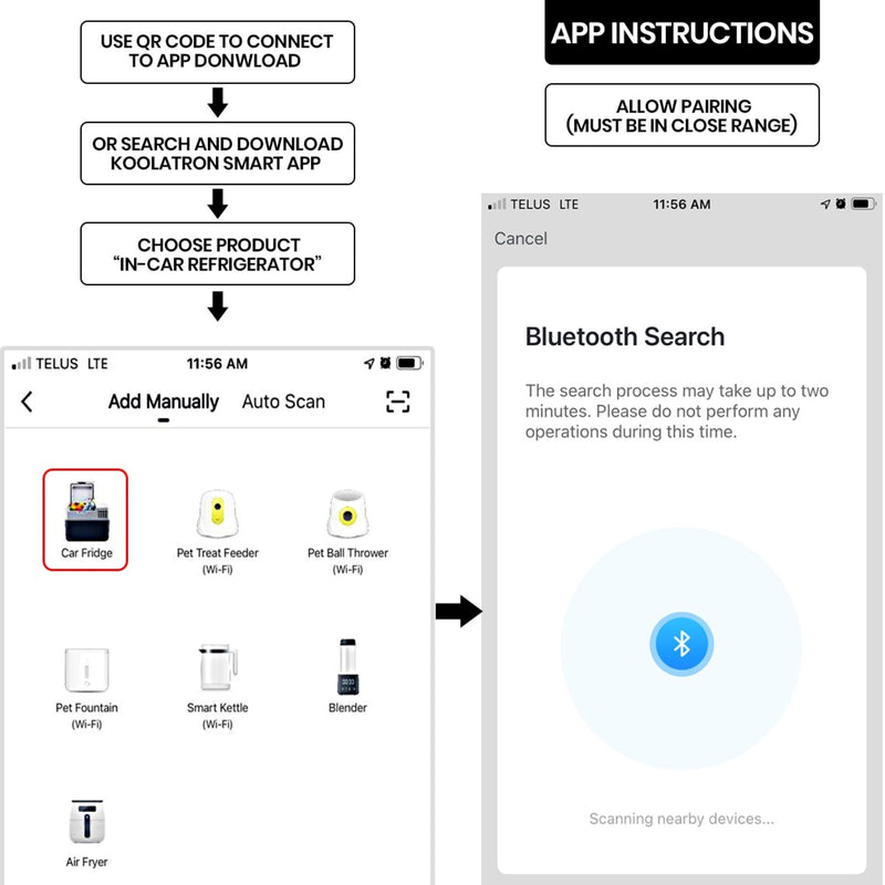 Enhanced image shows screenshots of the SmartKool app with instructions for how to pair with your Android or iPhone: 1. Use QR code to connect to app download or search and download Koolatron Smart App; 2. Choose product "in-car refrigerator"; 3. Allow pairing (must be in close range)
