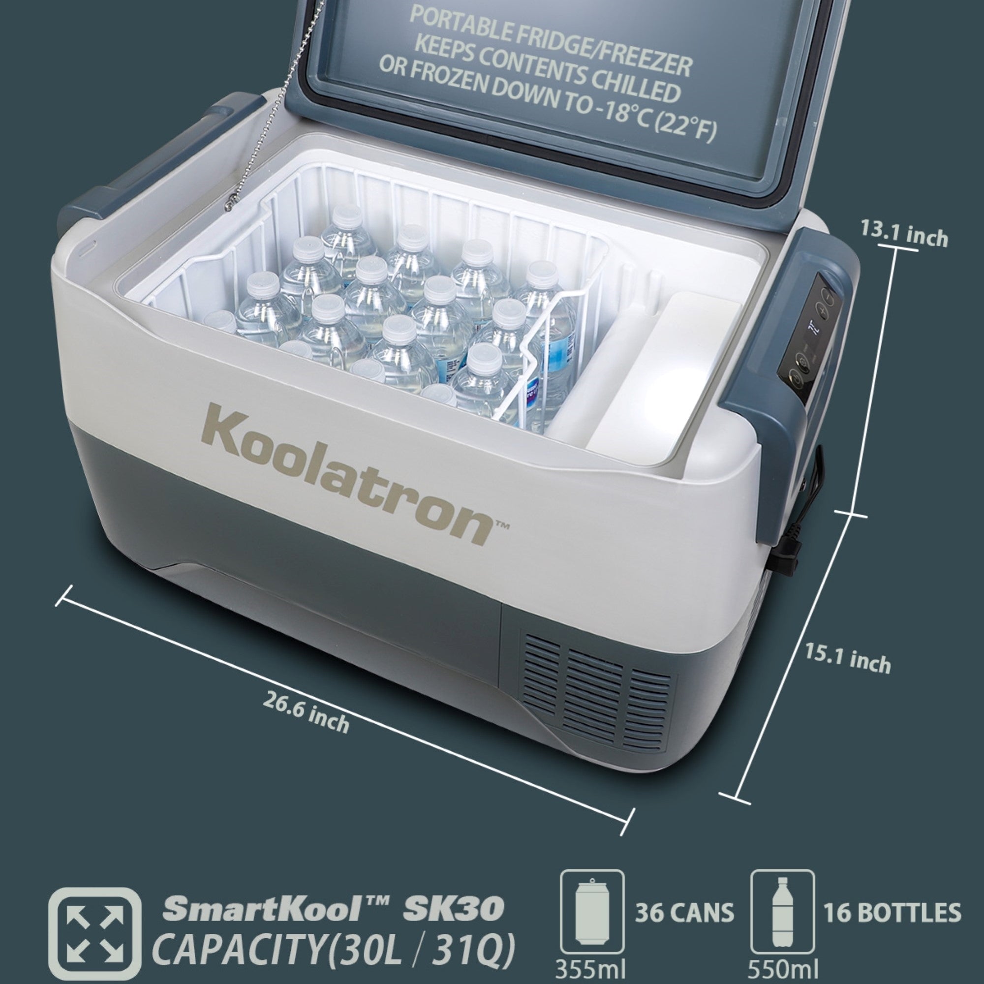 Product shot of 12V portable fridge, open and filled with water bottles, on a white background with dimensions and capacity listed