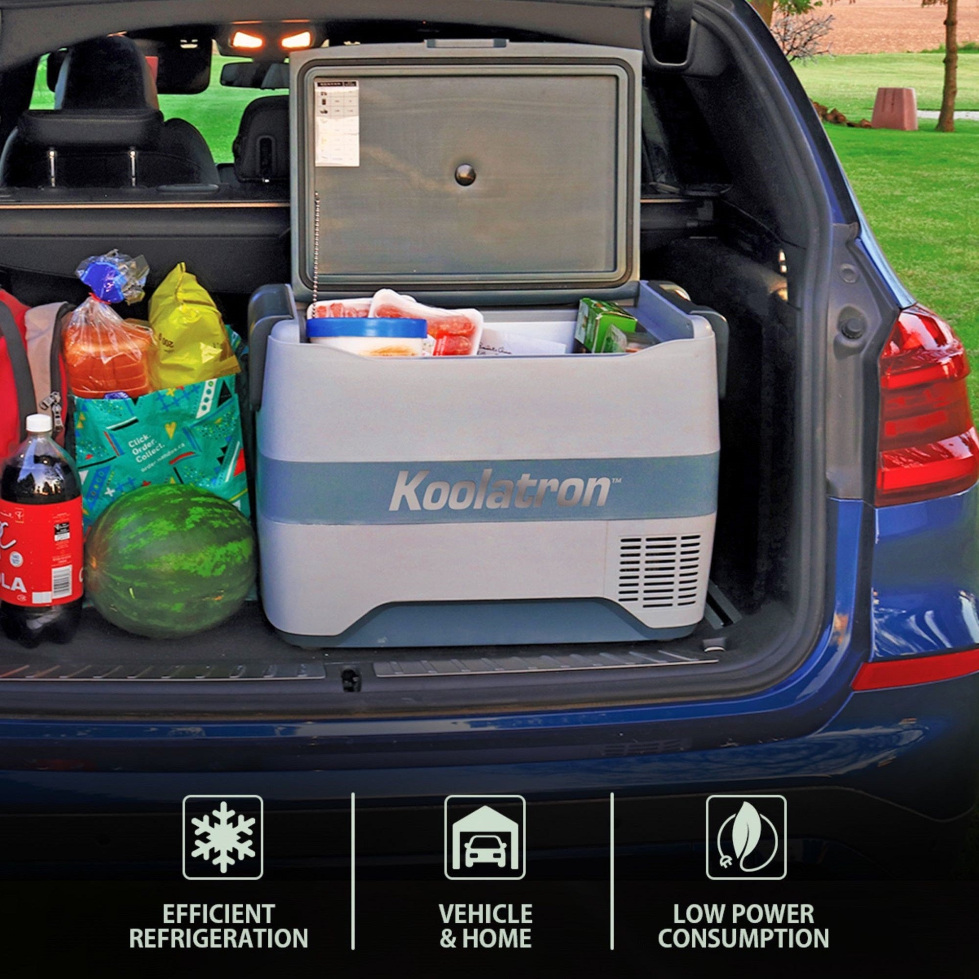 Lifestyle image of 12V vehicle refrigerator/freezer in the back of a blue SUV with a backpack and a bag of groceries beside it. Overlaid icons and text describe: Efficient refrigeration; vehicle and home; low power consumption