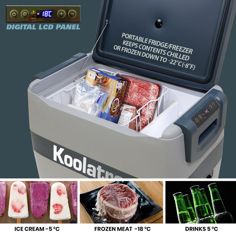 Product shot of 12V portable refrigerator/freezer, open with frozen foods inside with text overlaid on the lid reading, "Portable fridge/freezer keeps contents chilled or frozen down to -22C (-8F). There is a closeup of the digital LCD control panel with -18C displayed at top left and three lifestyle images below show ice pops (labeled "ice cream -5C"), vacuum-sealed steak (labeled "frozen meat -18C), and beer bottles (labeled "drinks 5C") 