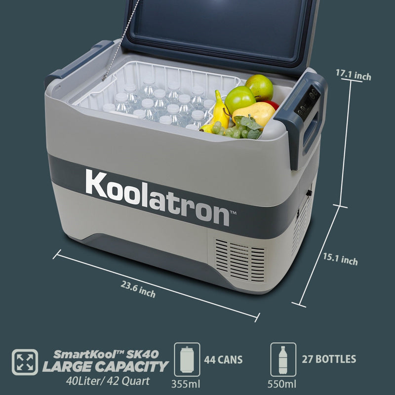 Product shot of 12V portable fridge, open and filled with water bottles, on a white background with dimensions and capacity listed