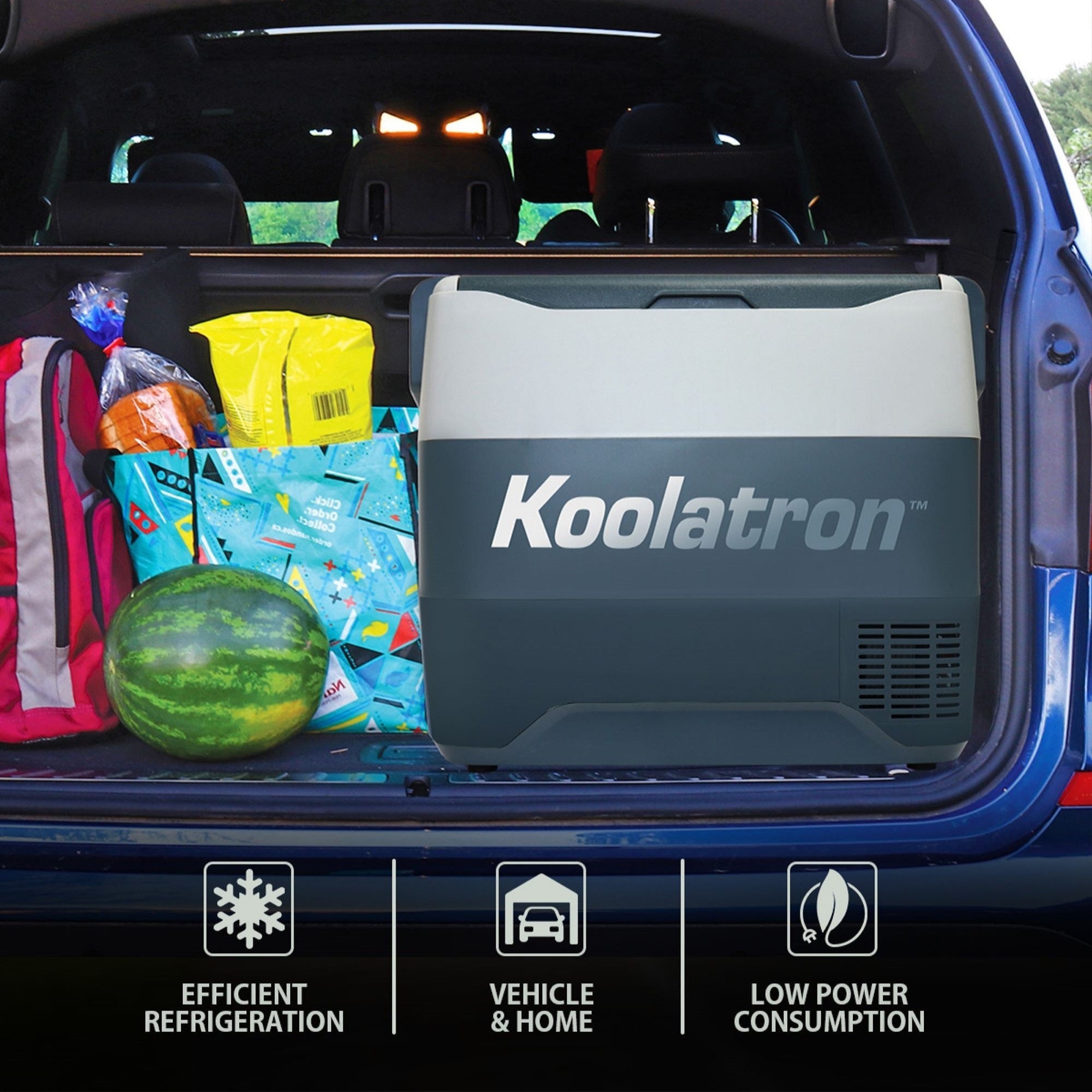 Lifestyle image of 12V vehicle refrigerator/freezer in the back of a blue SUV with a backpack and a bag of groceries beside it. Overlaid icons and text describe: Efficient refrigeration; vehicle and home; low power consumption