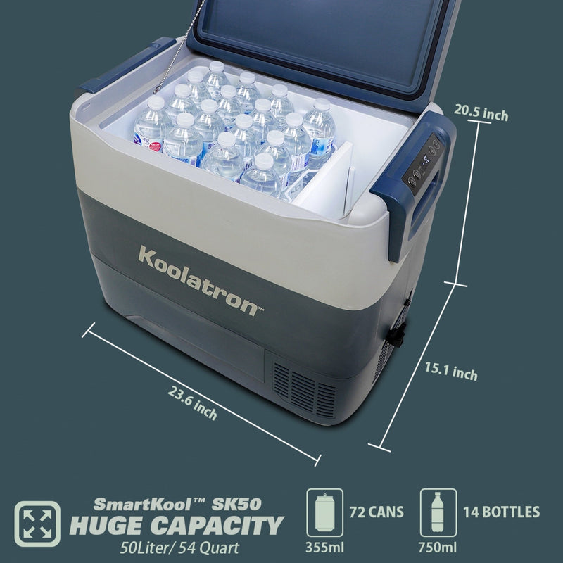 Product shot of 12V portable fridge, open and filled with water bottles, on a white background with dimensions and capacity listed