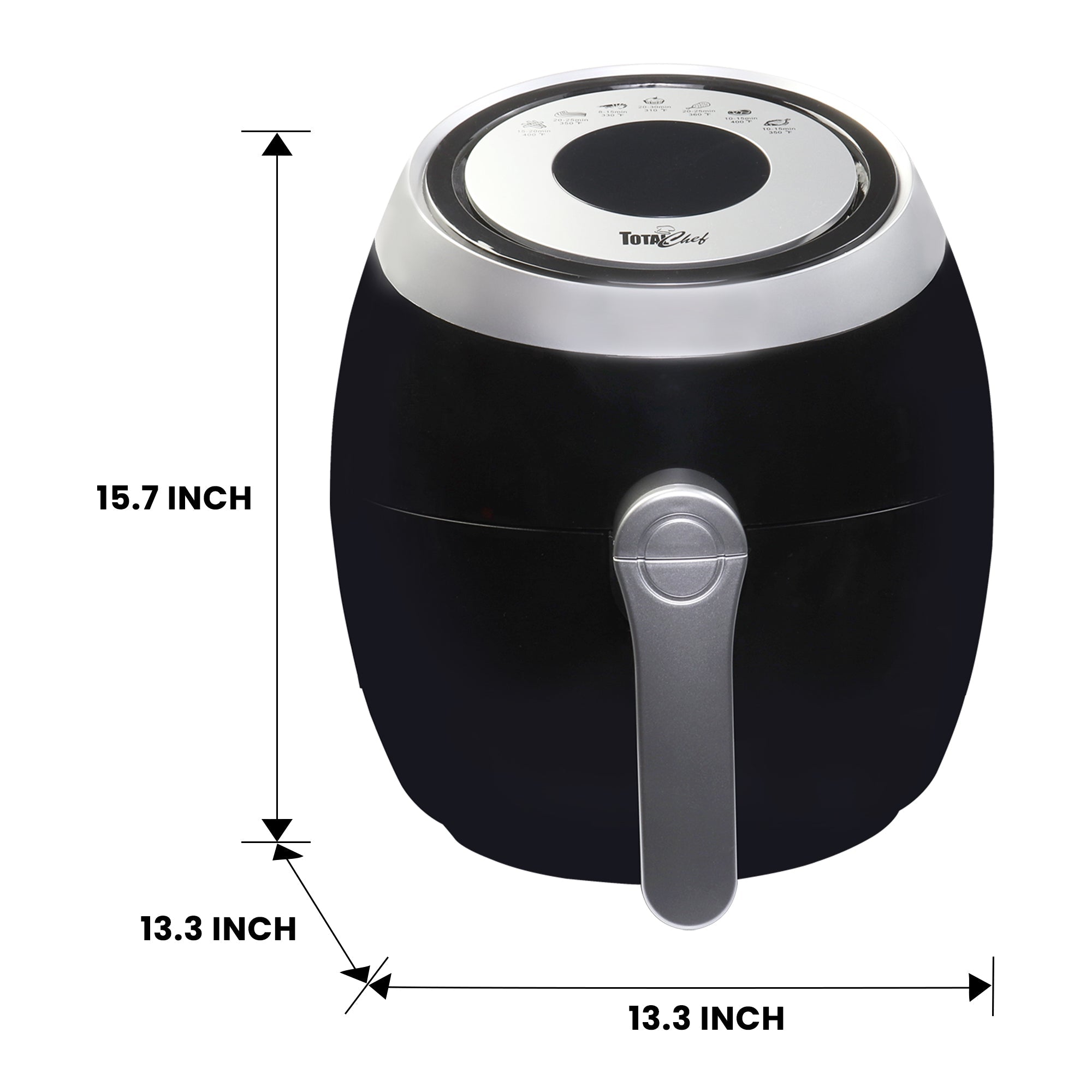 Product shot of Total Chef air fryer on a white background with dimensions labeled