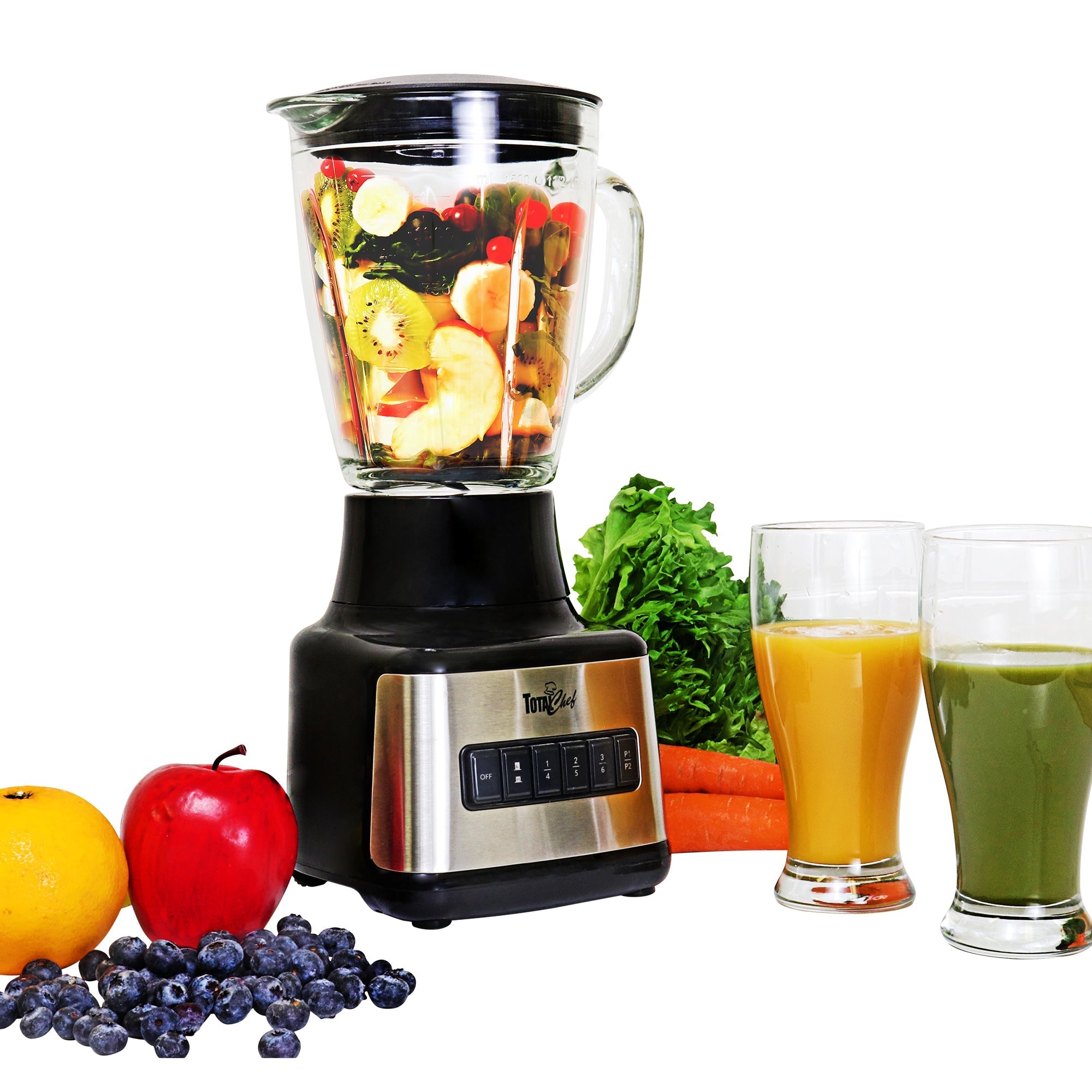 Product shot of blender on white background with fruit in and around blender and glasses of orange and green smoothie beside