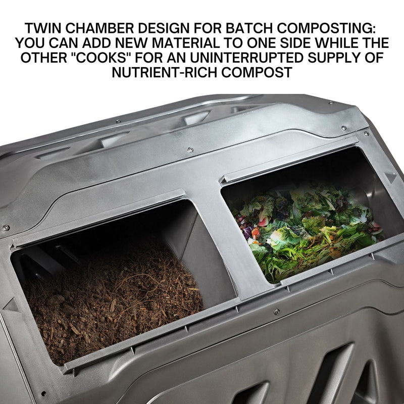 Product shot of dual chamber tumbling composter open with composted material in one chamber and fresh kitchen scraps in the other on a white background with text above reading, "Twin chamber design for batch composting: You can add new material to one side while the other "cooks" for an uninterrupted supply of nutrient-rich compost"