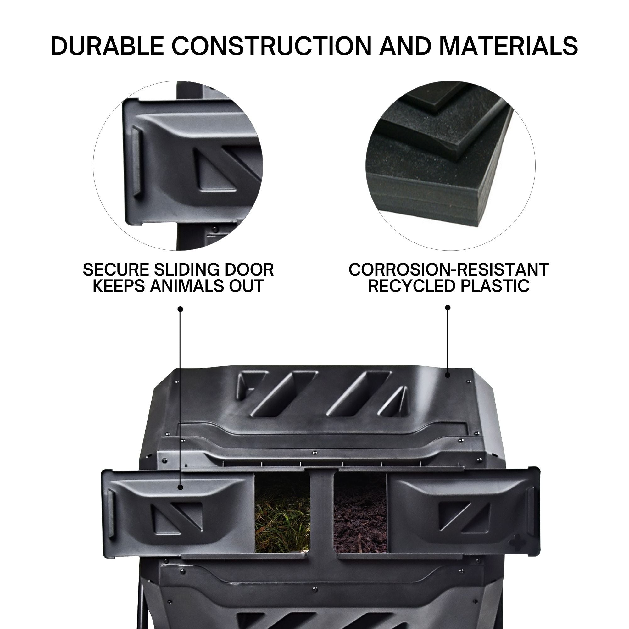 Closeup product shot of twin chamber tumbling composter with both sides partly open and compost inside. Text at the top reads, "Durable construction and materials," and inset closeups are labeled, "Secure sliding door keeps animals out," and "corrosion-resistant recycled plastic"