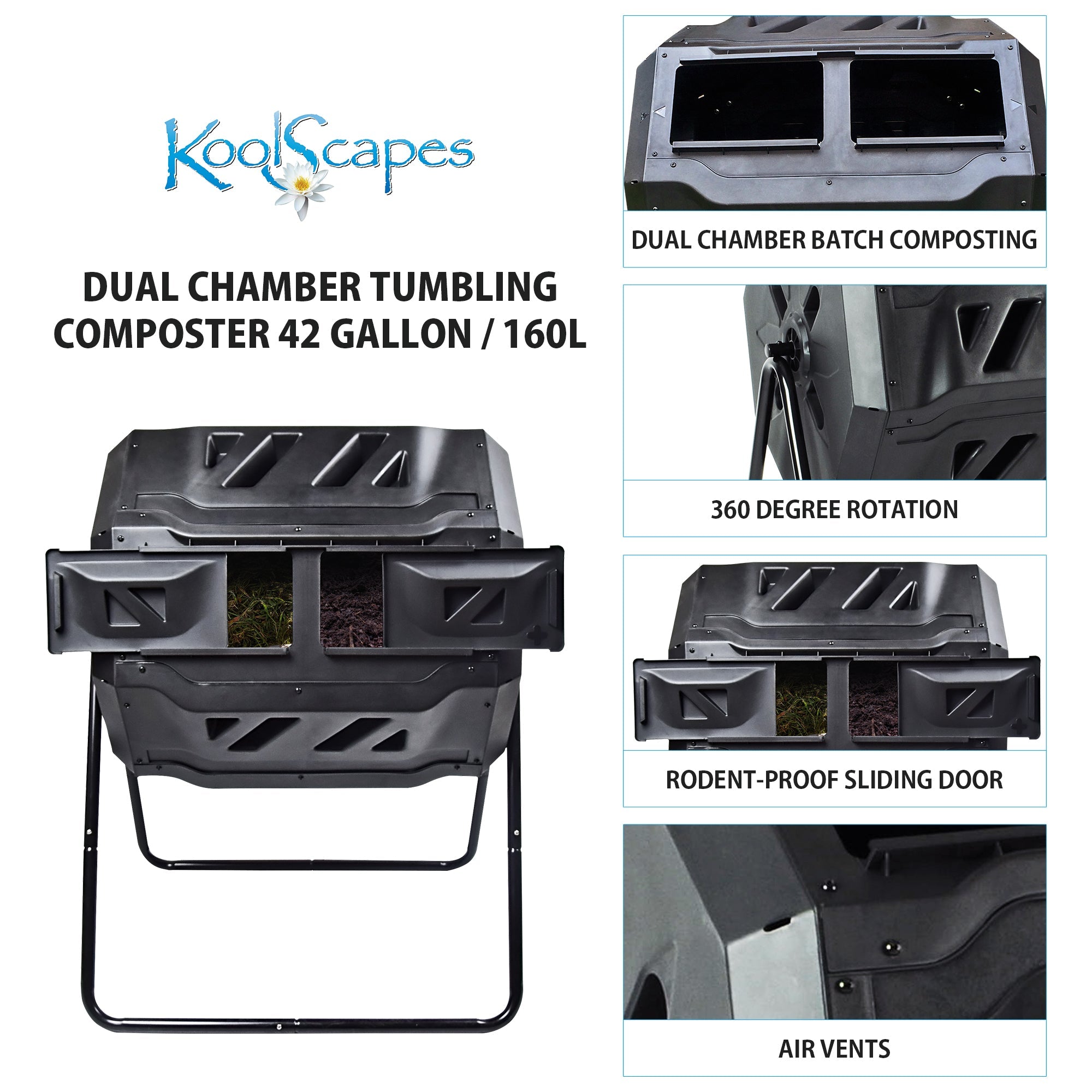 On the left is a product shot of twin chamber tumbling composter on a white background with text above reading, "Koolscapes dual chamber tumbling composter 42 gallon/160L." On the right are four closeup images of parts, labeled: Dual chamber batch composting; 360 degree rotation; rodent-proof sliding door; air vents