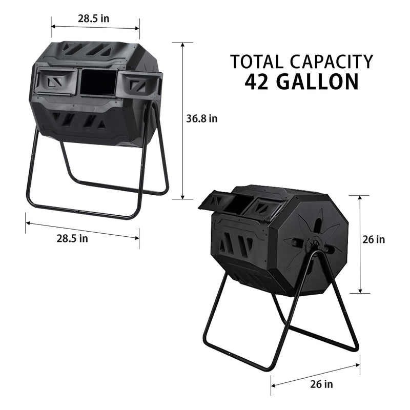 Two product shots of dual chamber rotary composter, front and side view, on a white background with dimensions labeled and text above reading, "Total capacity 42 gallon"