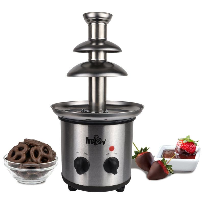 Product shot on white background of fountain with bowls of chocolate dipped pretzels and strawberries on either side