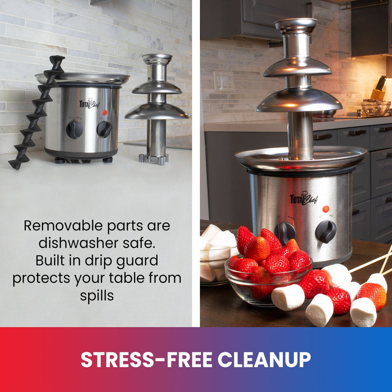 On the right is a lifestyle image chocolate fountain with skewers and a plate of marshmallows and strawberries. On the left is a lifestyle image of fountain parts on a gray kitchen counter. Text below reads, “Stress-free cleanup: Removable parts are dishwasher safe. Built-in drip guard protects your table from spills”