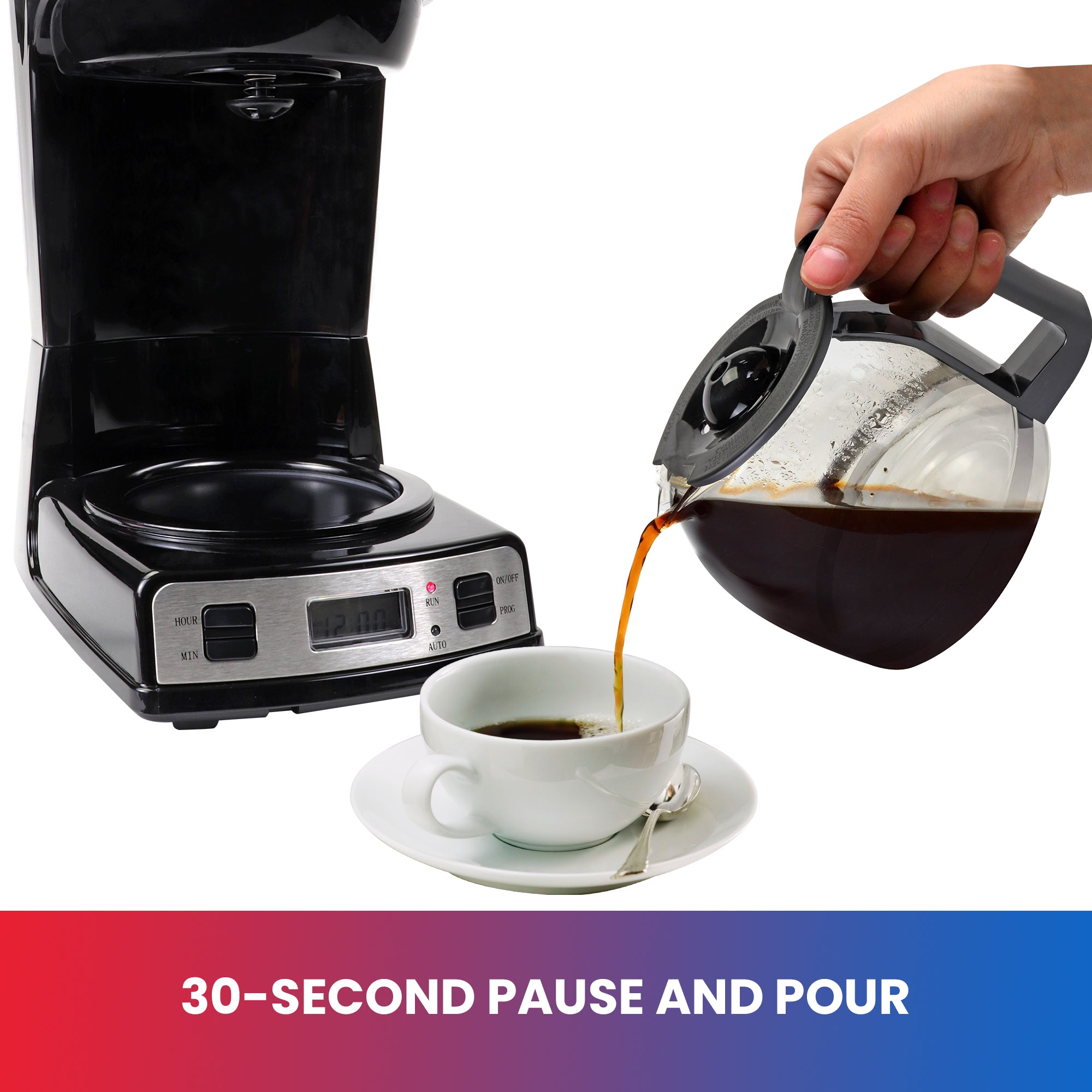Product shot of drip coffeemaker with a person's hand pouring coffee from the glass carafe into a white mug in the foreground; Text below reads, "30-second pause and pour"