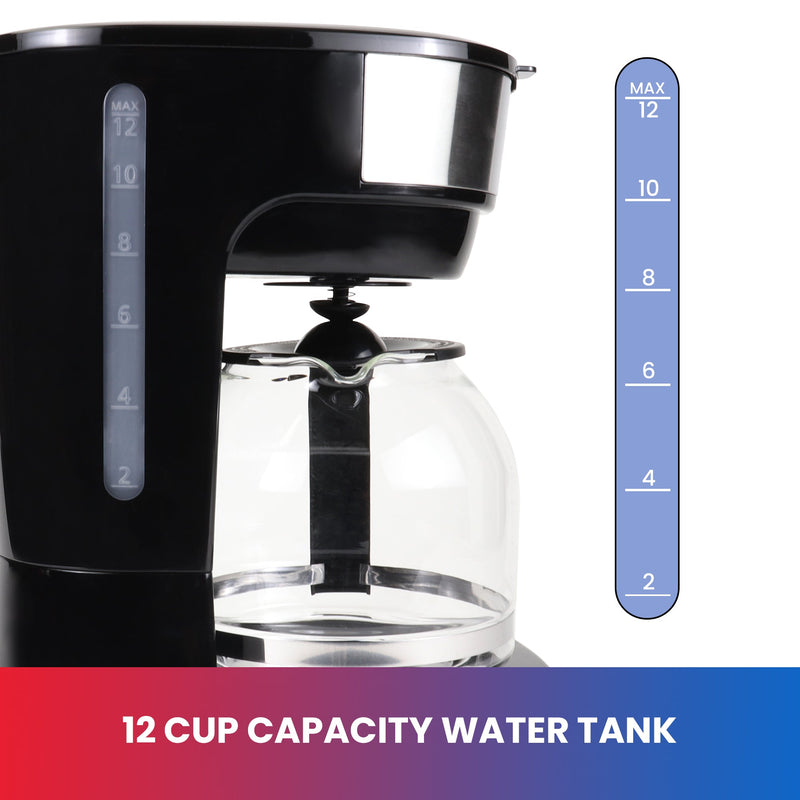 Closeup image of side of drip coffee maker showing water reservoir and empty glass carafe with an inset imaging of the clear water level indicator to the right. Text below reads, "12 cup capacity water tank"