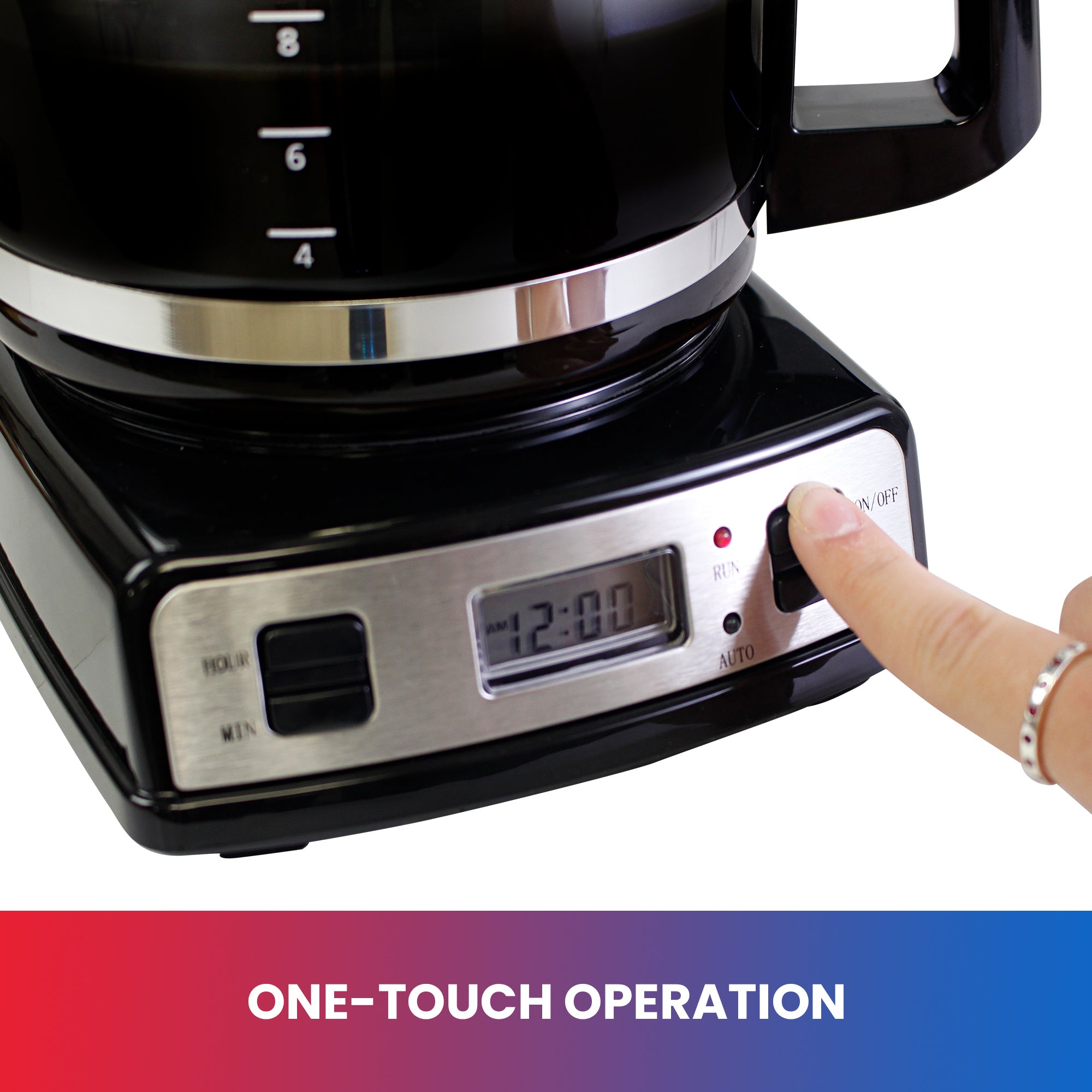Closeup image of coffee brewer controls with a person's finger pressing the power button. Text below reads, "One-touch operation"