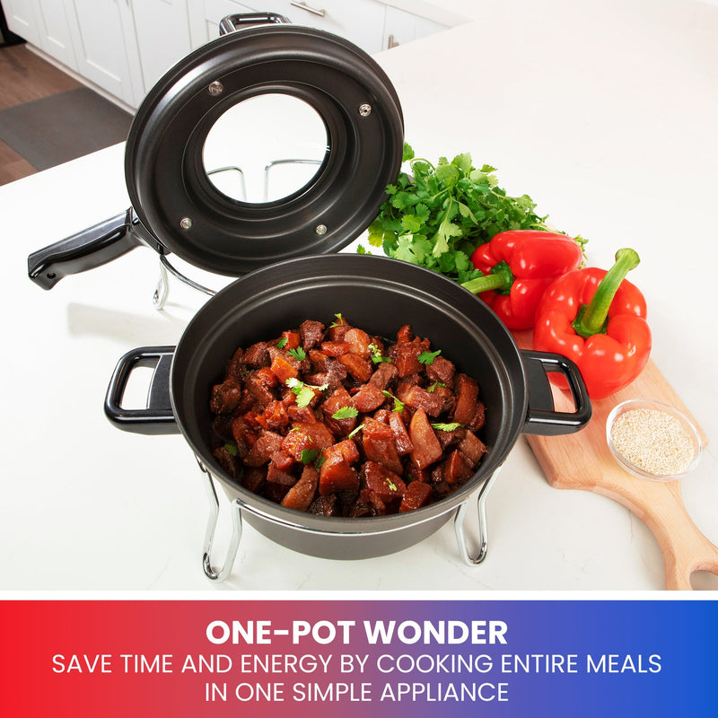 Lifestyle image of Czech cooker on a light gray countertop with cooked stew inside, the lid on its stand behind it, and a bunch of Italian parsley and a cutting board with red peppers and a pinch bowl of salt to the right. Text below reads, "One-pot wonder: Save time and energy by cooking entire meals in one simple appliance"