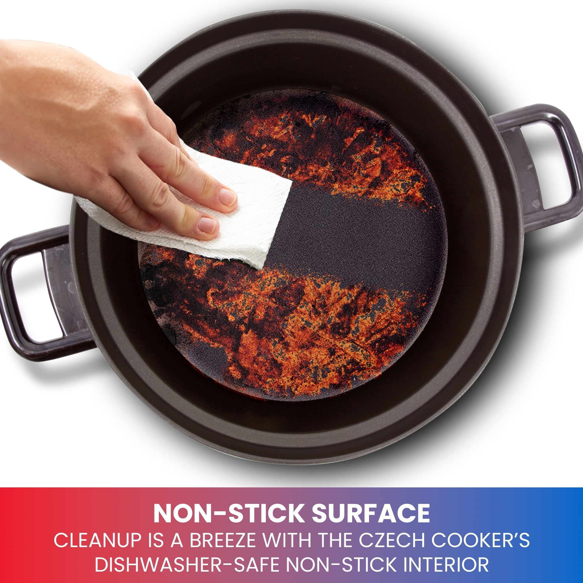 Product shot of cooking pot from above with a person's hand using a white sponge to wipe off food residue. Text below reads, "Non-stick surface: Cleanup is a breeze with the Czech cooker's dishwasher-safe non-stick interior"