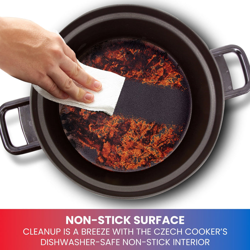 Product shot of cooking pot from above with a person's hand using a white sponge to wipe off food residue. Text below reads, "Non-stick surface: Cleanup is a breeze with the Czech cooker's dishwasher-safe non-stick interior"