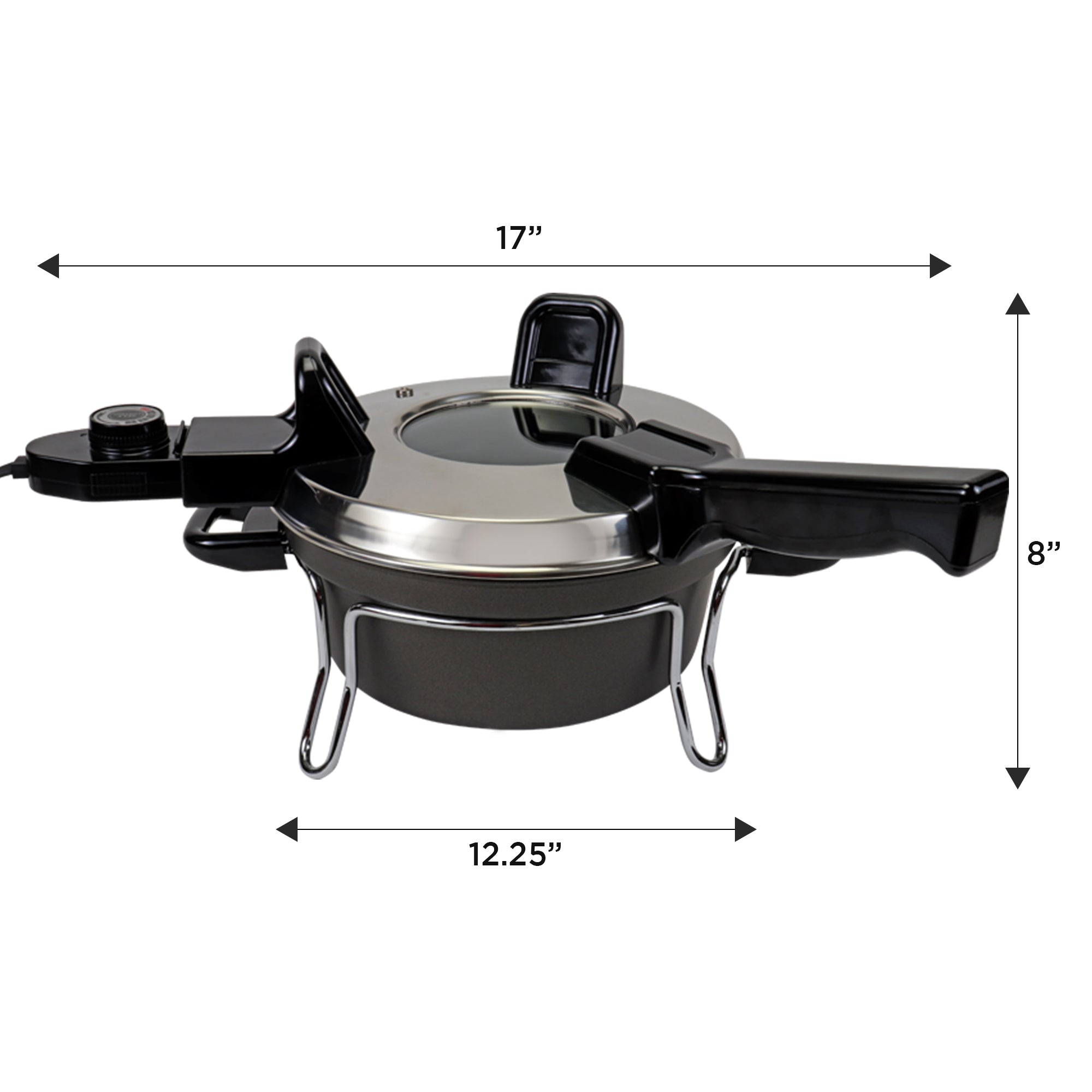 Product shot of Czech cooker on a white background with dimensions labeled