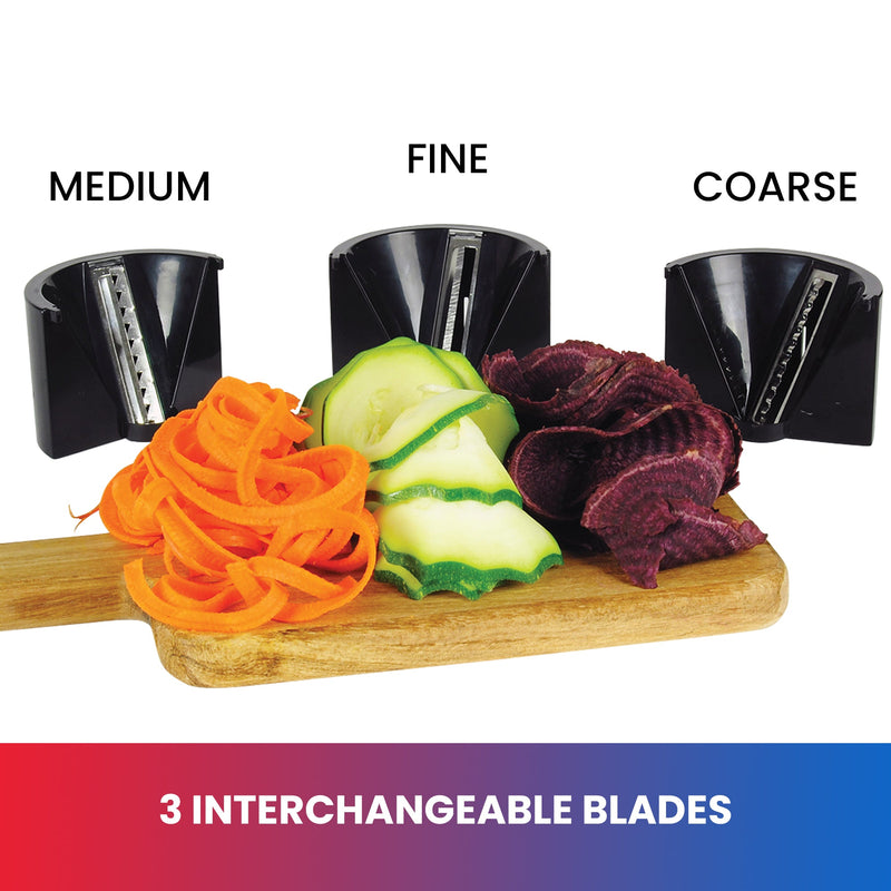 Product shot of three blade sizes labeled "medium," "fine," and "coarse," above a wooden cutting board with spiralized vegetables. Text below reads "3 interchangeable blades"