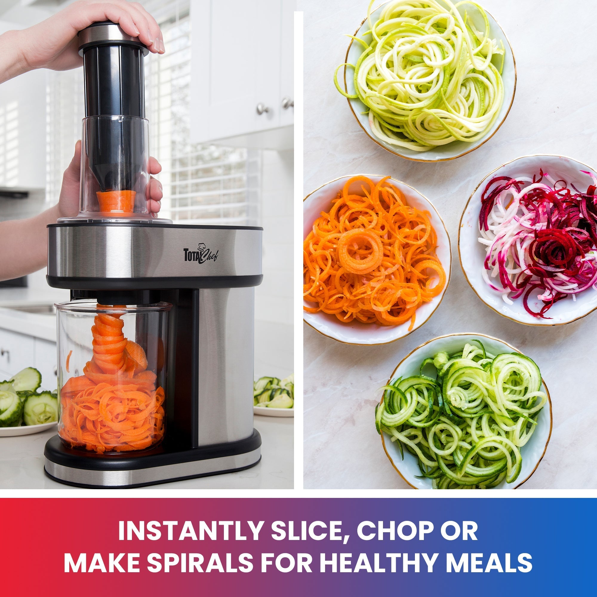 Lifestyle image of person using spiralizer to cut carrots on left and bowls of veggie noodles on right. Text below reads "Instantly slice, chop, or make spirals for healthy meals"