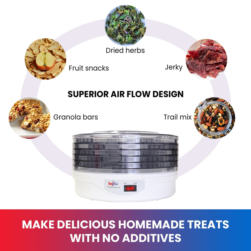 Product shot of food dehydrator on a white background with inset images of dried items, labeled, surrounding it: Granola bars; fruit snacks; dried herbs; jerky; trail mix. Text in the center reads "Superior air flow design" and text below reads "Make delicious homemade treats with no additives"