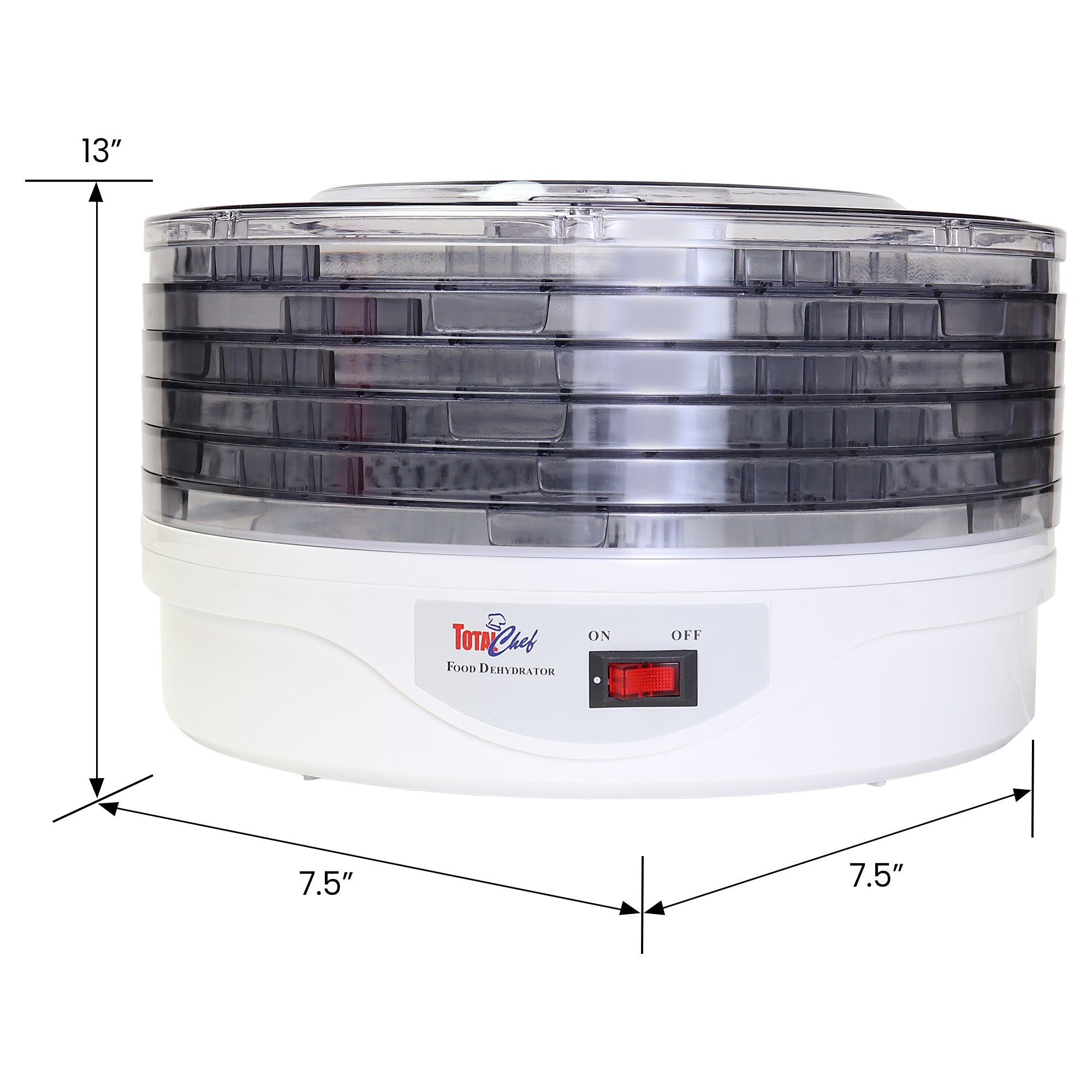 Product shot of food dehydrator on white background with dimensions labeled