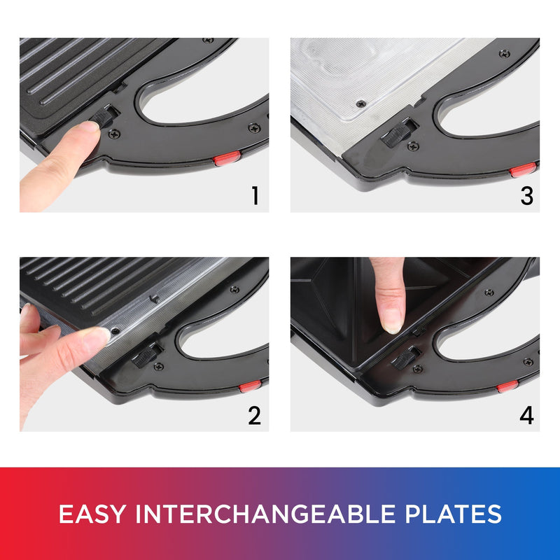 Four closeup images show the steps for changing the grill plates: A finger pressing the release button; a hand lifting away one grill plate; the grill with no grill plate; and finger pushing the new grill plate into plate. Text below reads, "Easy interchangeable plates"