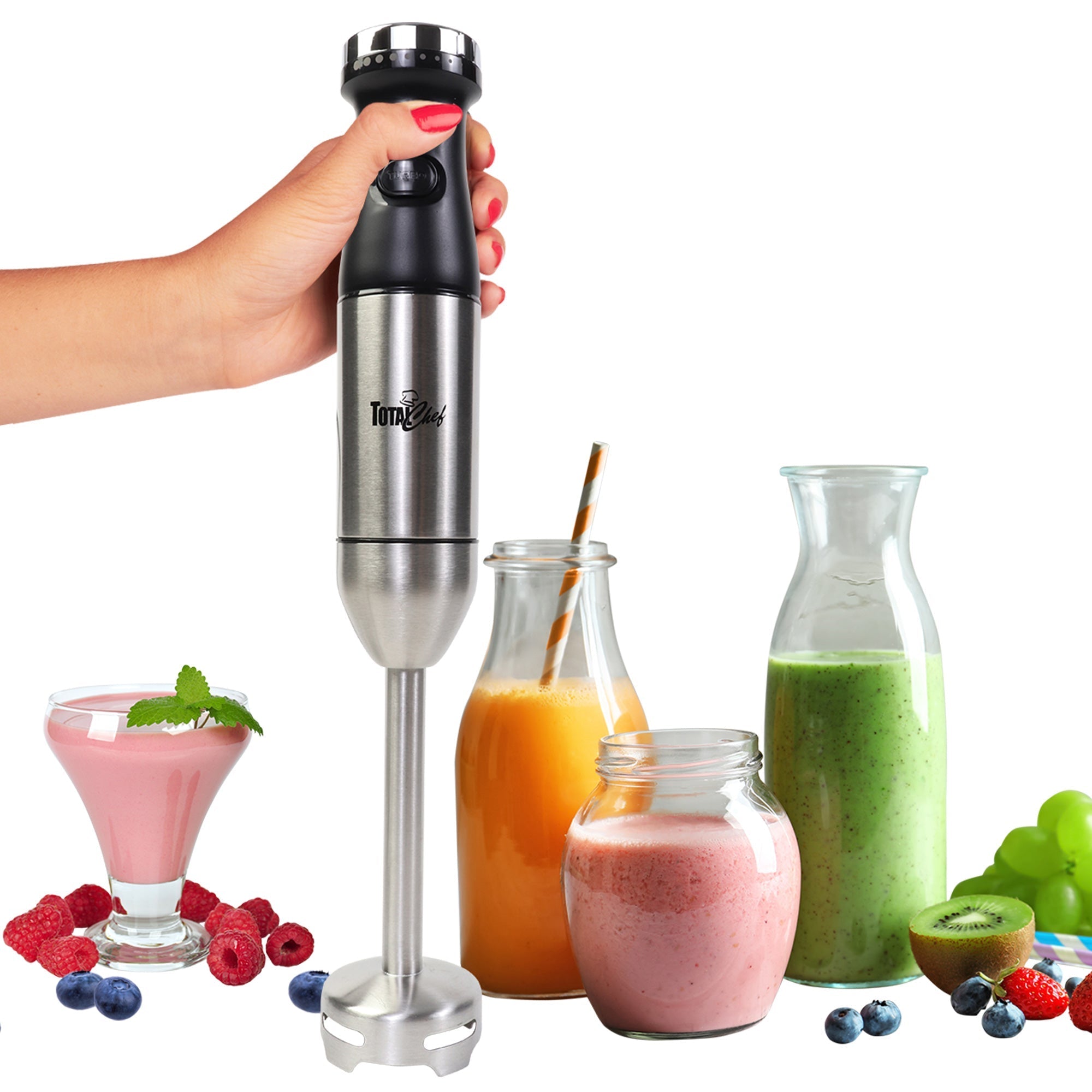 Product shot of hand holding blender upright surrounded by glasses and bottles of smoothies and shakes on a white background