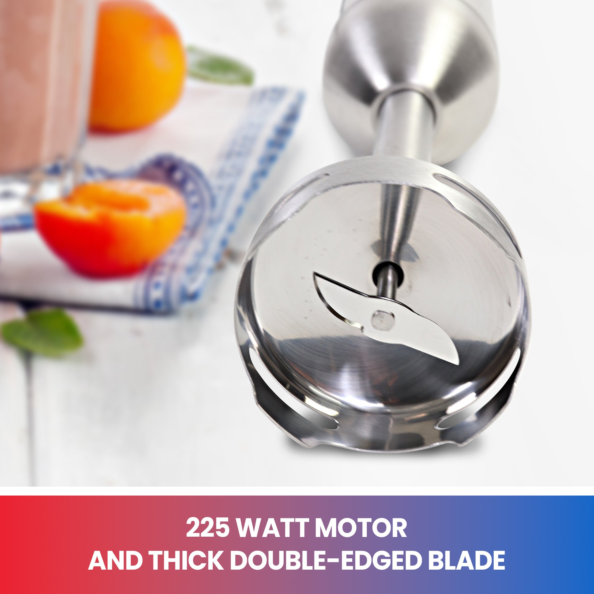 Lifestyle image showing closeup of blender blade on white counter with peaches and glass in background. Text below reads "225 watt motor and thick double-edged blade"