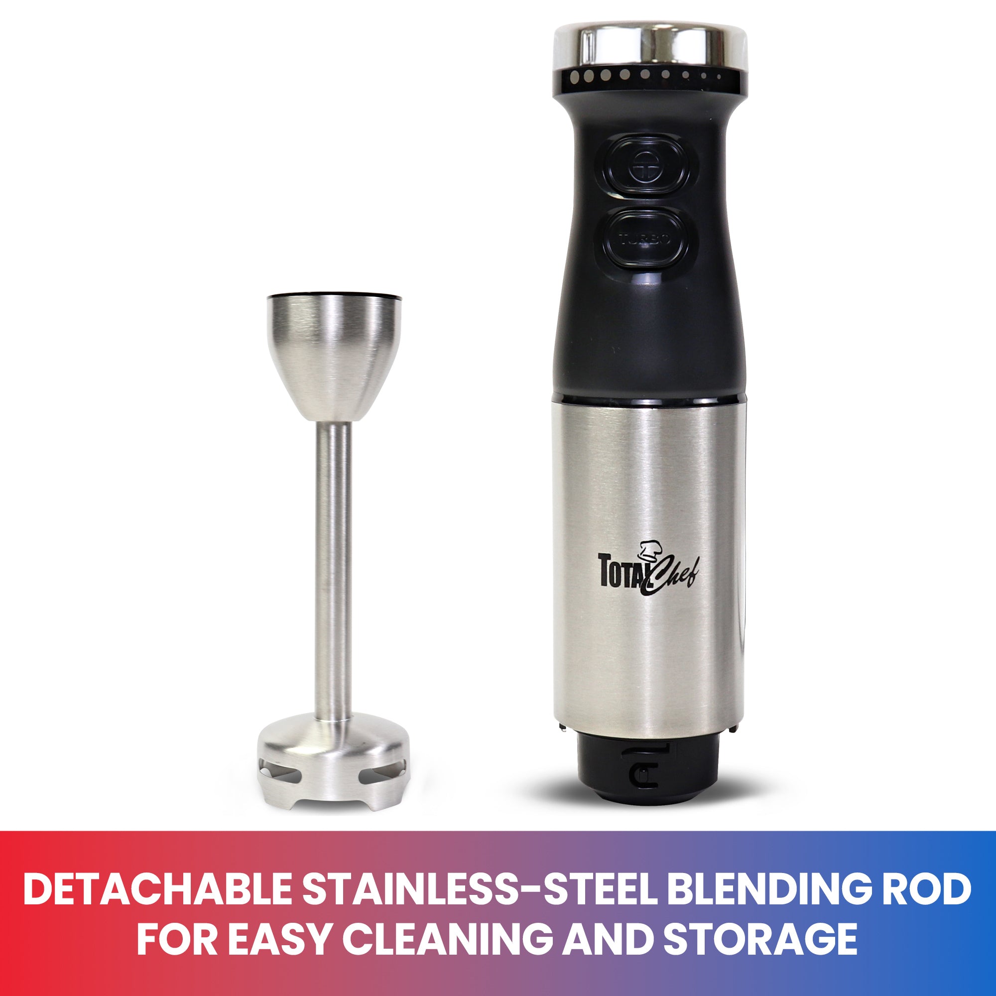 Product shot of blender disassembled with text below reading "Detachable stainless-steel blending rod for easy cleaning and storage"