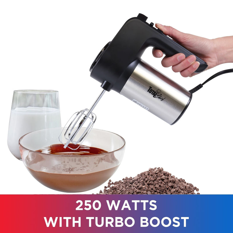 Picture of hand holding mixer over a bowl of chocolate sauce with glass of milk behind and a pile of chocolate chips beside. Text below reads "250 Watts with Turbo Boost"