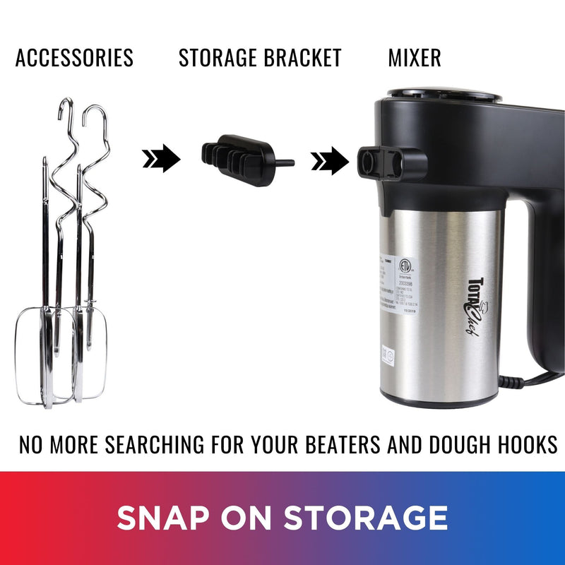 Pictures showing how to use snap-on accessory storage. Text below reads "Snap-on Storage: No more searching for your beaters and dough hooks"