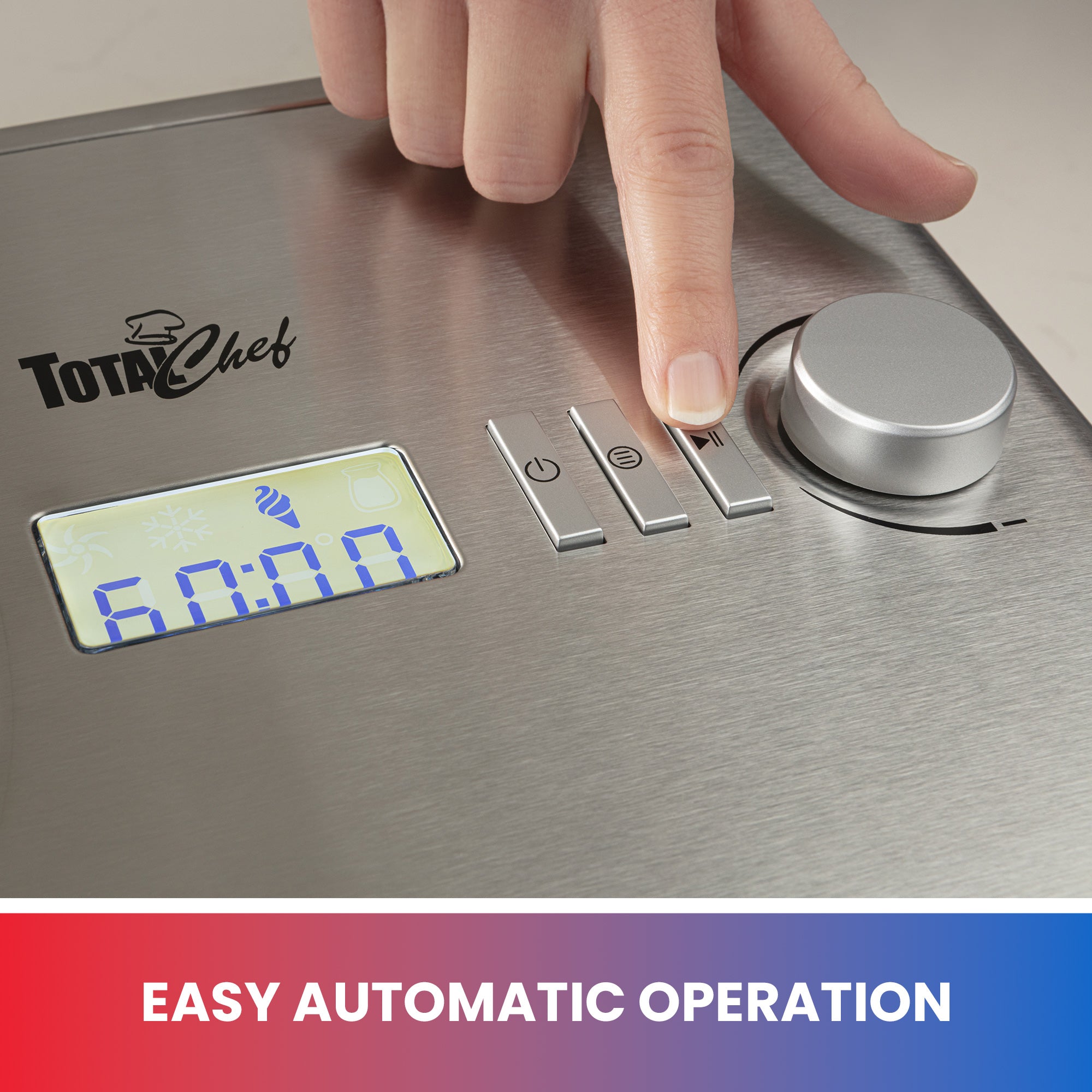 Closeup image of ice cream maker controls and display screen with a finger pressing a button. Text below reads, "Easy automatic operation"