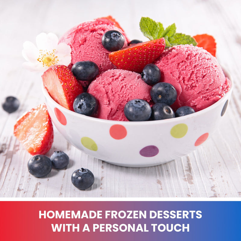 Lifestyle image of three scoops of dark pink ice cream in a white bowl with strawberries and blueberries. Text below reads, "Homemade frozen desserts with a personal touch"